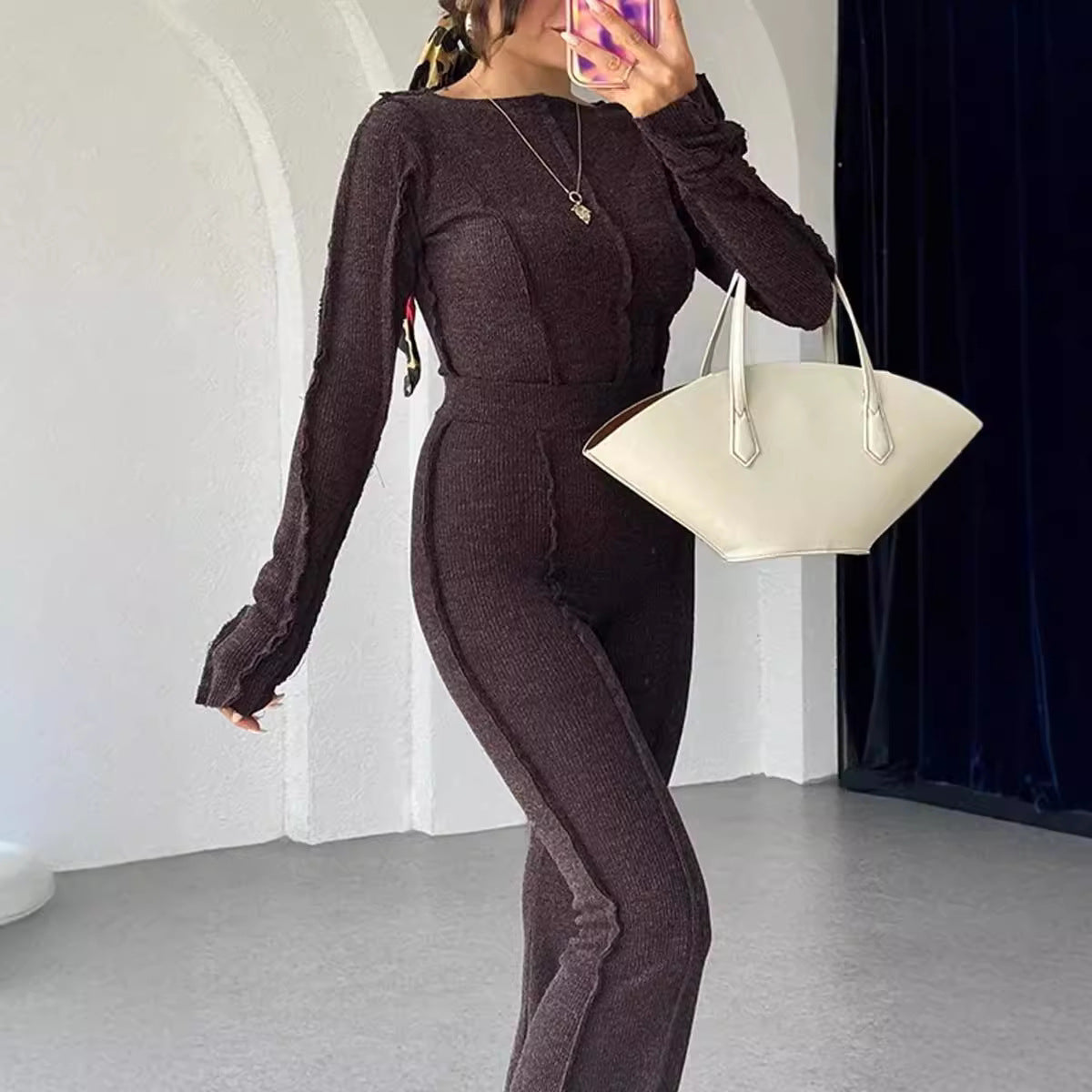 Knit set | Dames set met ribbelstructuur, cropped top en hoge taille broek