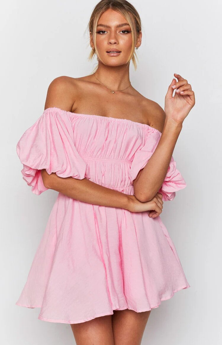 Asja | Dames Mini Jurk – Off-Shoulder, Puff Mouwen, Flared A-Lijn, Elastische Taille