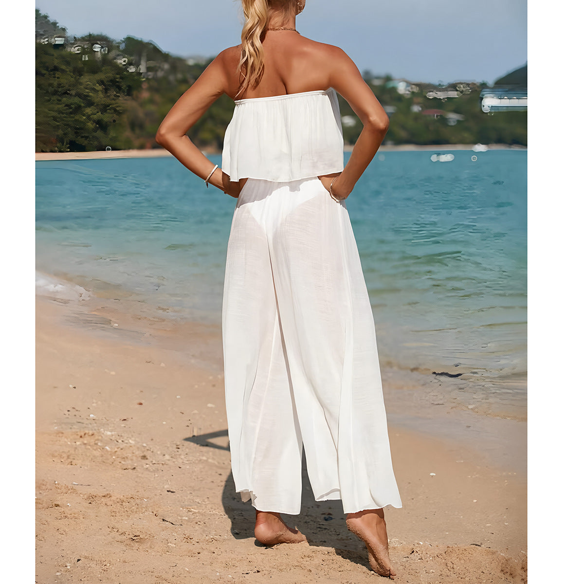 Carina | Dames Tweedelige Set – Strapless Top met Asymmetrische Zoom en Wijde Broek