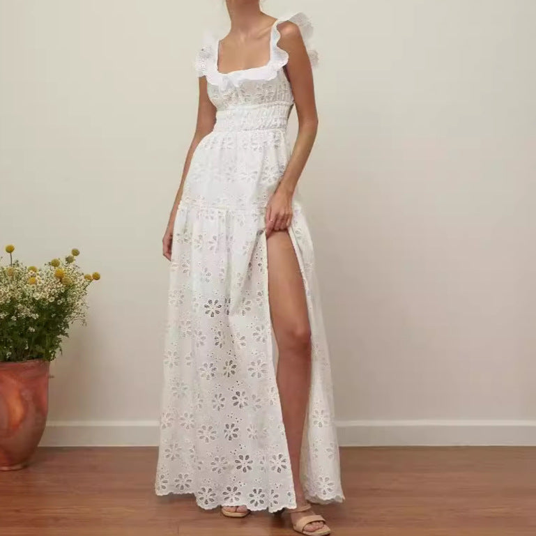 Rika | Dames Maxi Jurk – Ruches Bandjes, Vierkante Hals & Verleidelijke Split – Ademend Design
