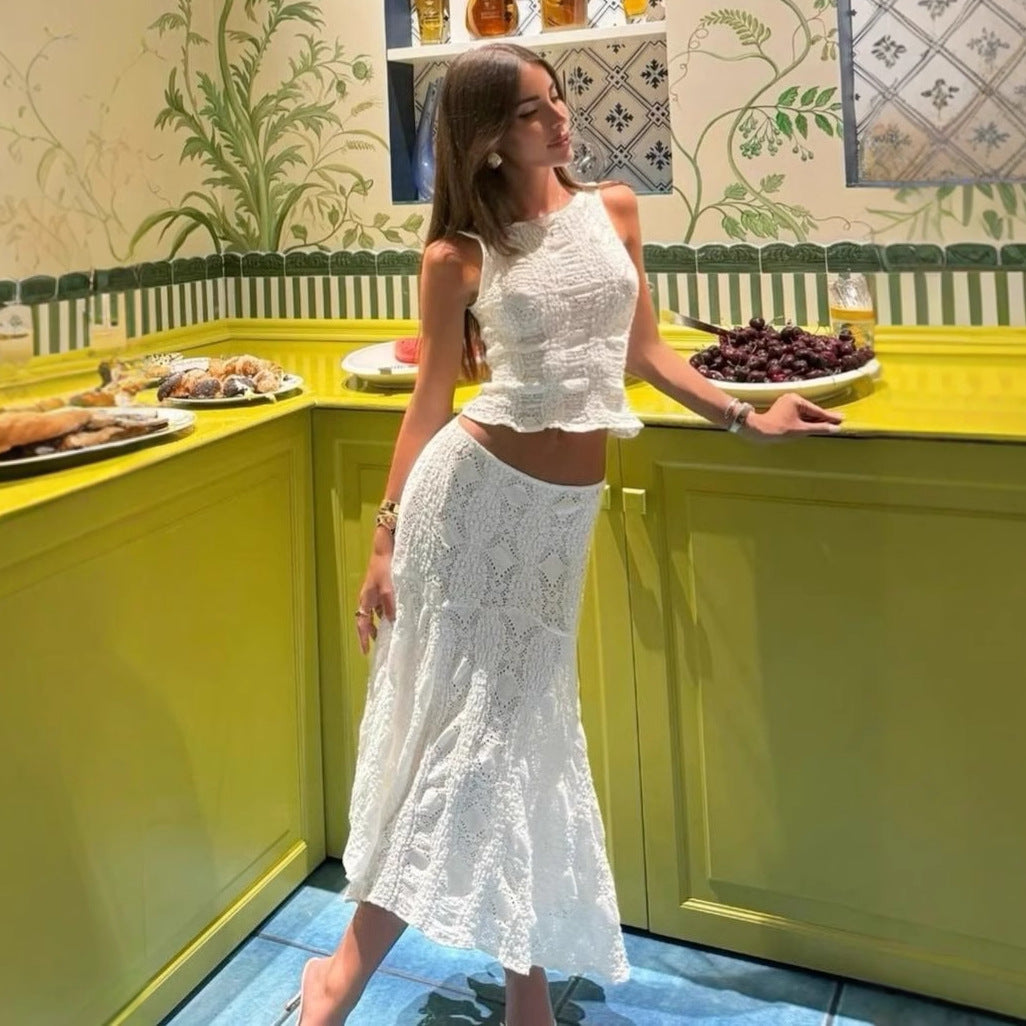 Yvonne | Dames Twee-Delige Set – Mouwloze Croptop & A-lijn Midirok – Ademend en Luchtig