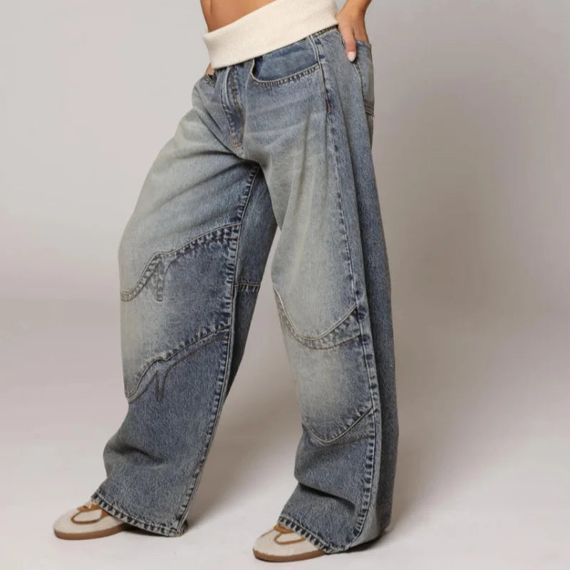 Dames Baggy Wide-Leg Jeans met Tailleband - Stretch Denim