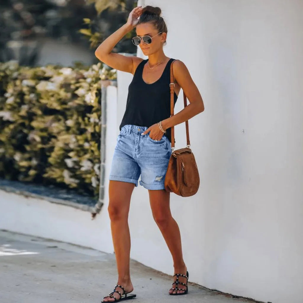 Mirella Denim Shorts | Dames Short met Hoge Taille en Stoer Distressed Design