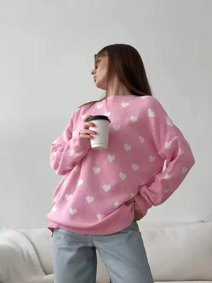 Dames Oversized Trui – Zwart met Hartjesprint, Warm en Casual voor de Winter