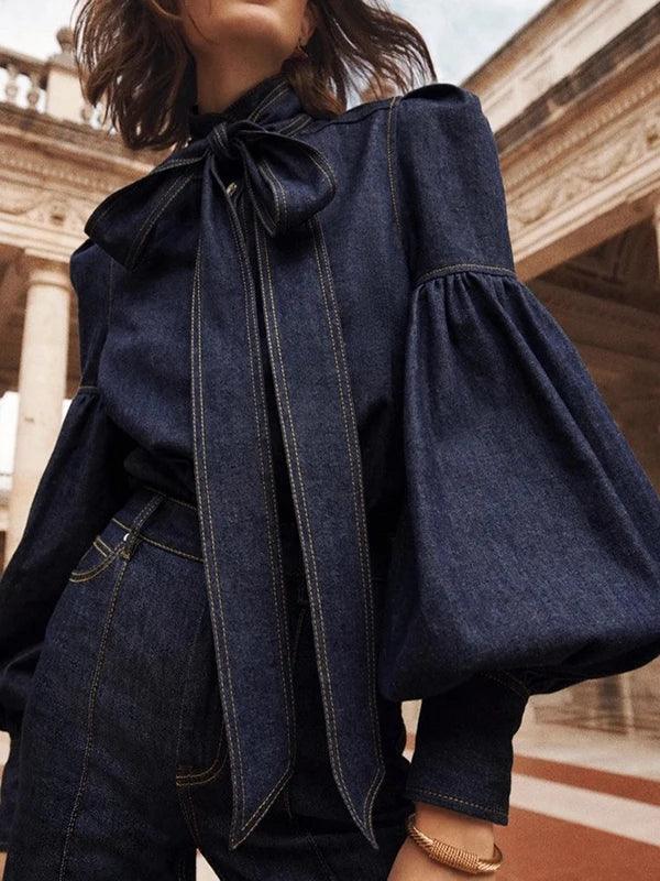 José – Denim Damesblouse met Pofmouwen en Sierstrik voor Dames