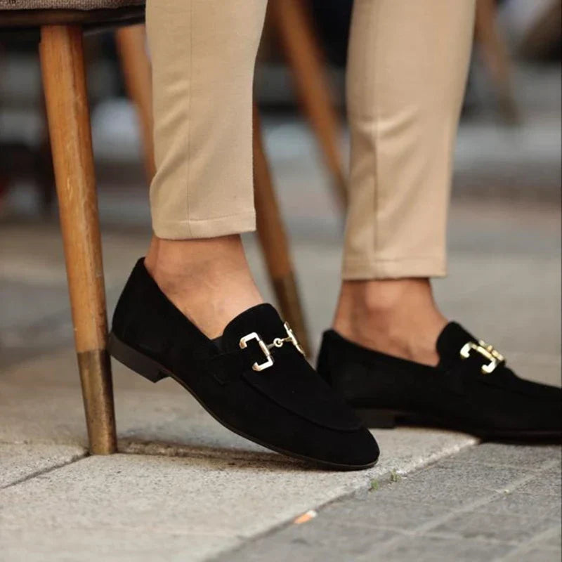 Heren Suède Loafers Instapper – Formele Herenschoenen met Goudkleurig Detail