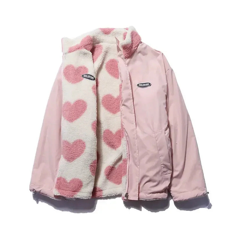 Dames Omkeerbare Hartjesjas – Zwart en Roze, Lichtgewicht, Casual Jasje voor Lente en Herfst