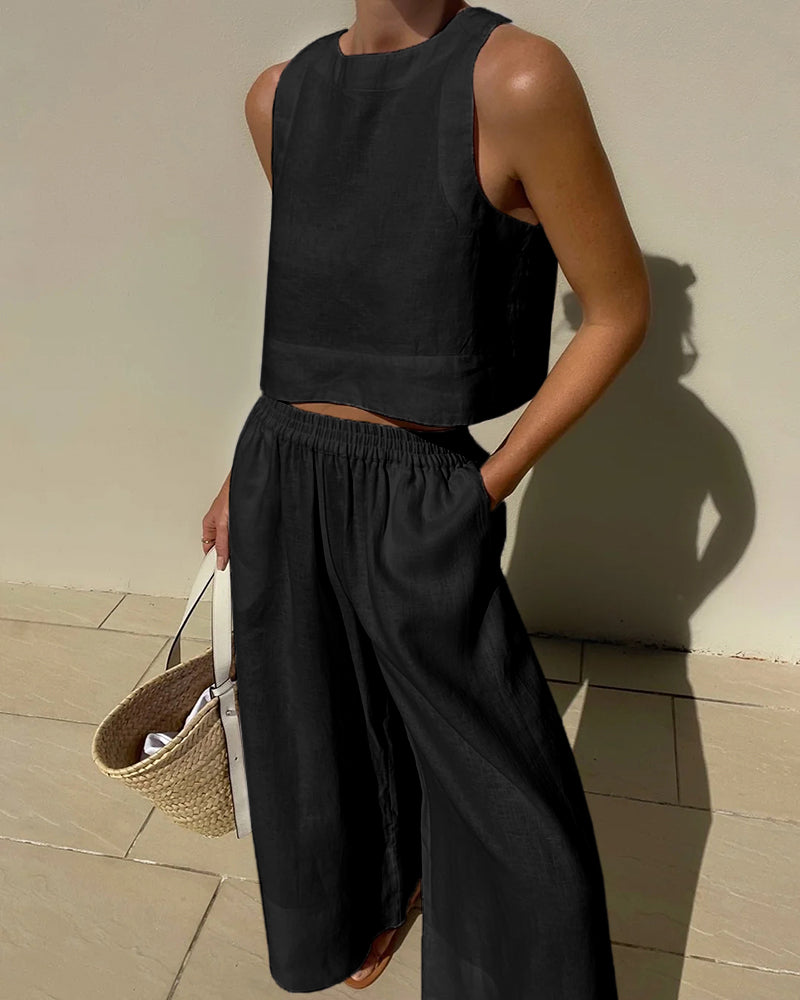 Alieke | Dames Set van Katoen-Linnen met Crop Top en High-Waist Broek – Luchtig & Tijdloos voor de Zomer
