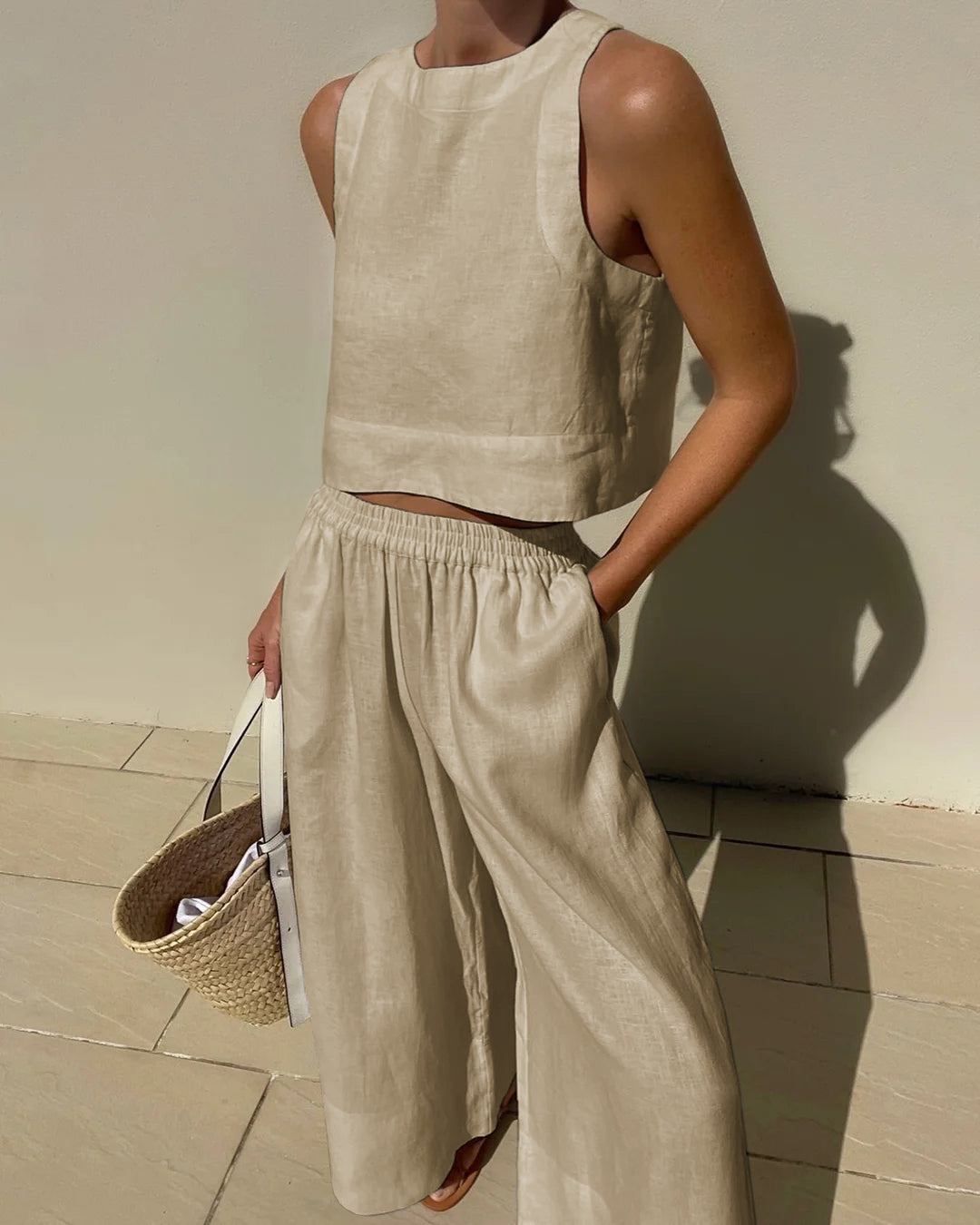 Alieke | Dames Set van Katoen-Linnen met Crop Top en High-Waist Broek – Luchtig & Tijdloos voor de Zomer