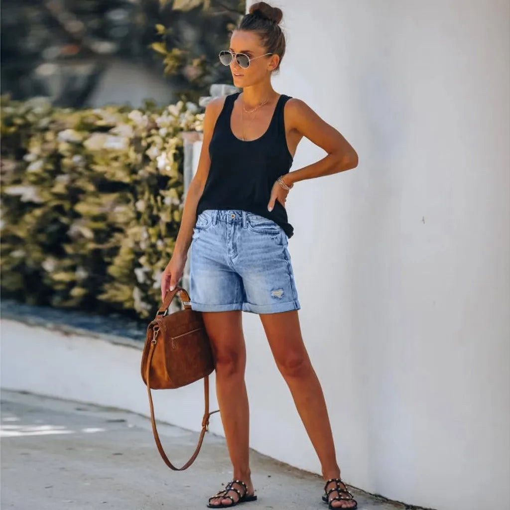 Mirella Denim Shorts | Dames Short met Hoge Taille en Stoer Distressed Design