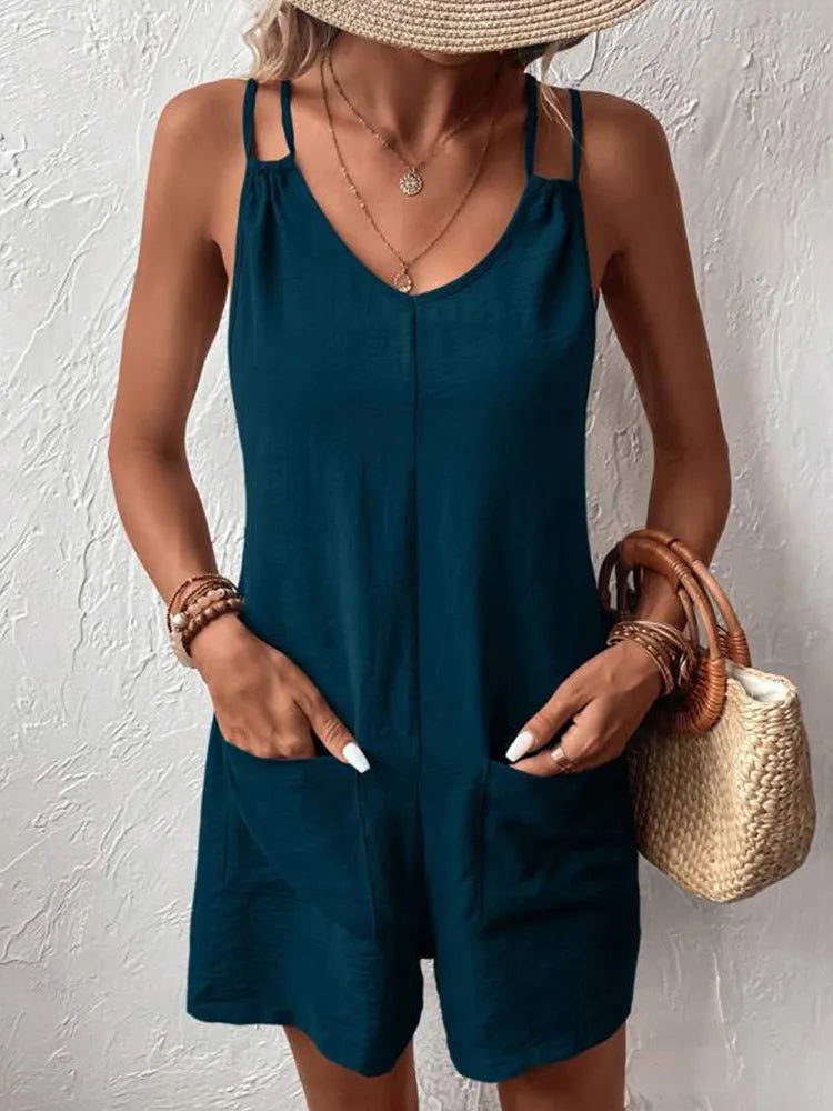 Kathleen | Dames jumpsuit – Losvallend mouwloos model met dubbele bandjes en zakken van ademende stof