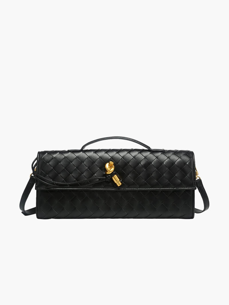 Dames handtas met geweven design en gouden knoopsluiting – compact & elegant