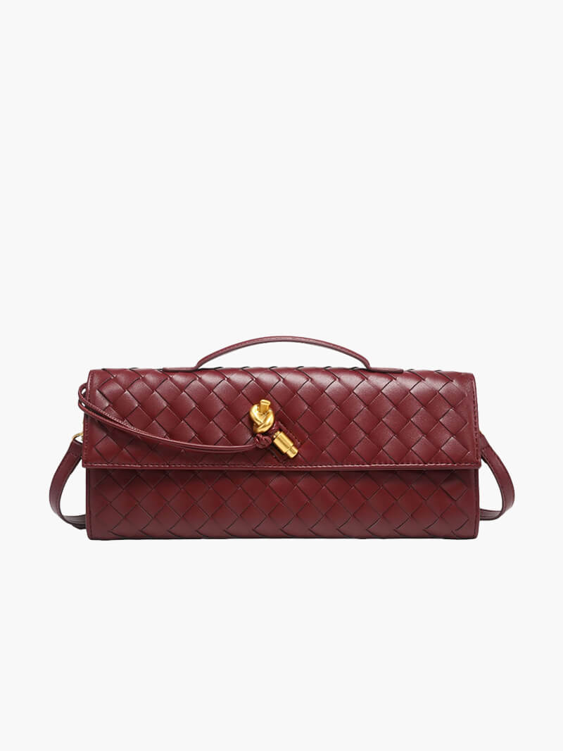 Dames handtas met geweven design en gouden knoopsluiting – compact & elegant