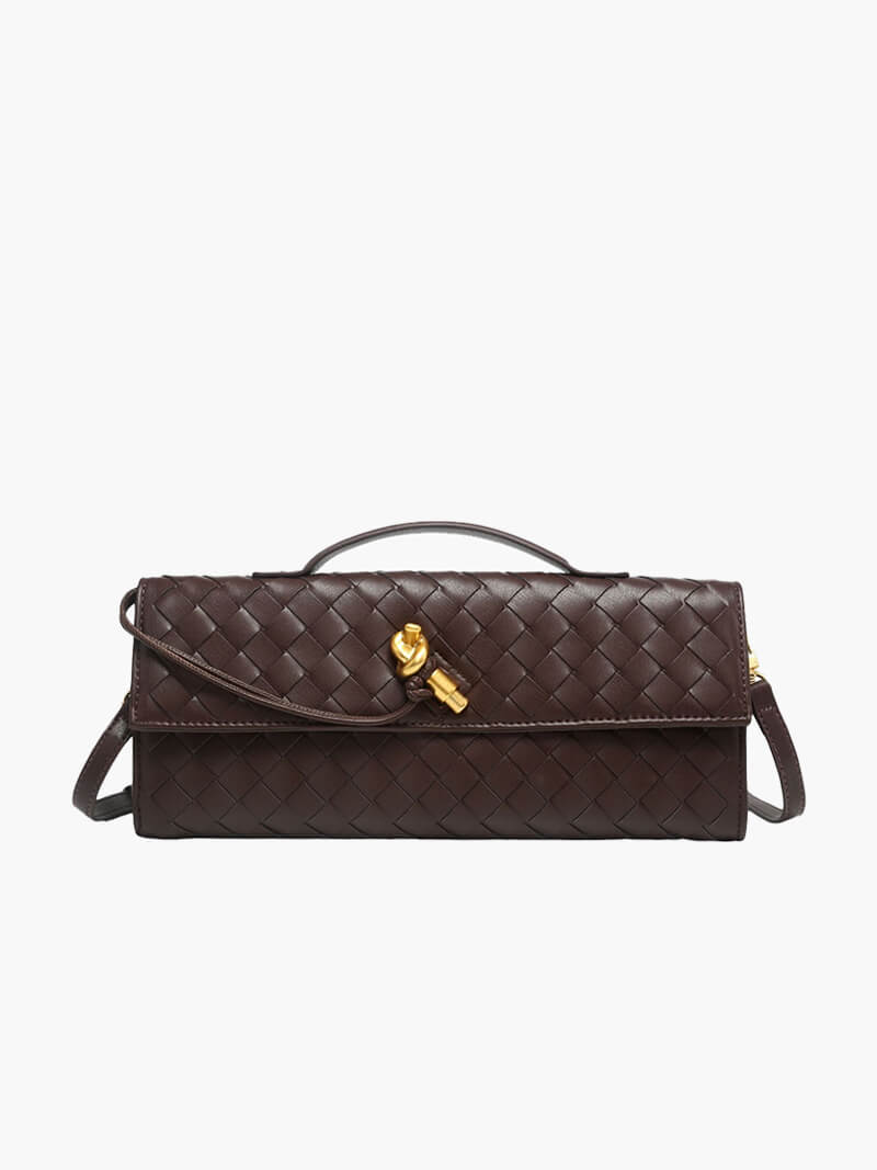 Dames handtas met geweven design en gouden knoopsluiting – compact & elegant