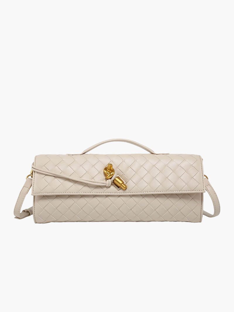 Dames handtas met geweven design en gouden knoopsluiting – compact & elegant