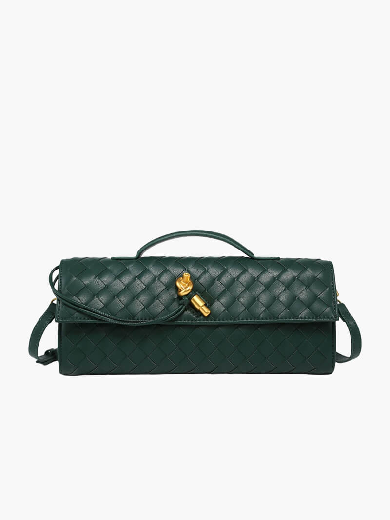 Dames handtas met geweven design en gouden knoopsluiting – compact & elegant