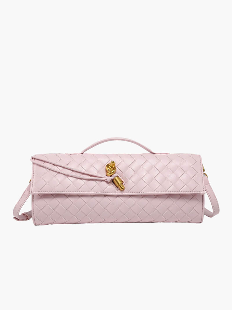 Dames handtas met geweven design en gouden knoopsluiting – compact & elegant