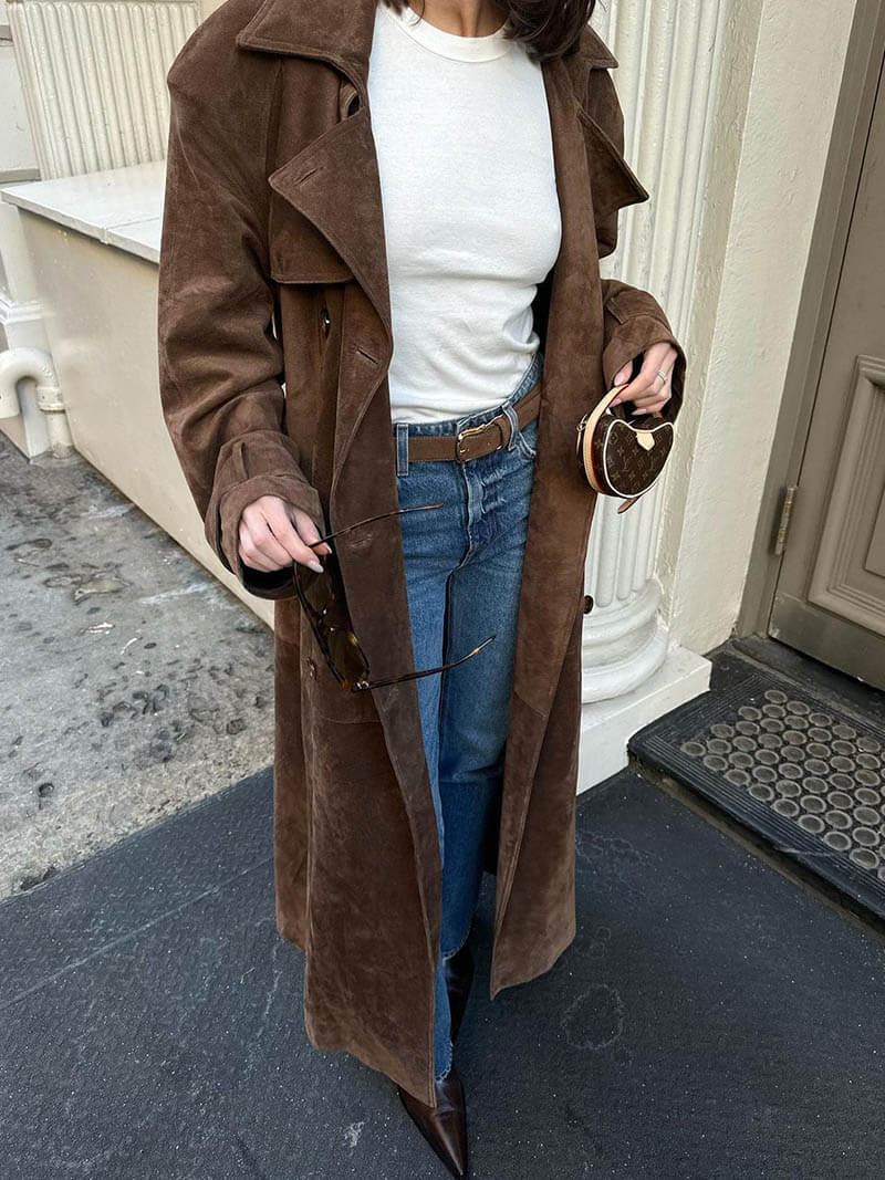 Nadine Royale trenchcoat | Dames trench van faux suède met ceintuur en dubbele knopen