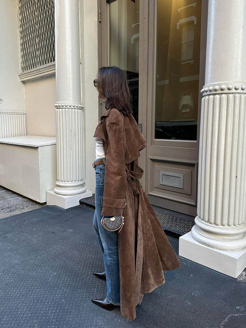 Nadine Royale trenchcoat | Dames trench van faux suède met ceintuur en dubbele knopen