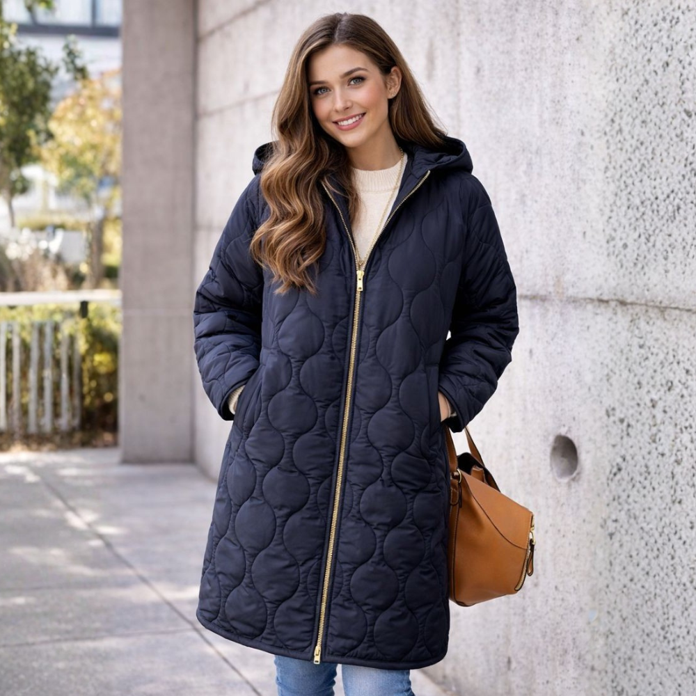 Groene capuchon donsjas voor dames - lange gewatteerde jas