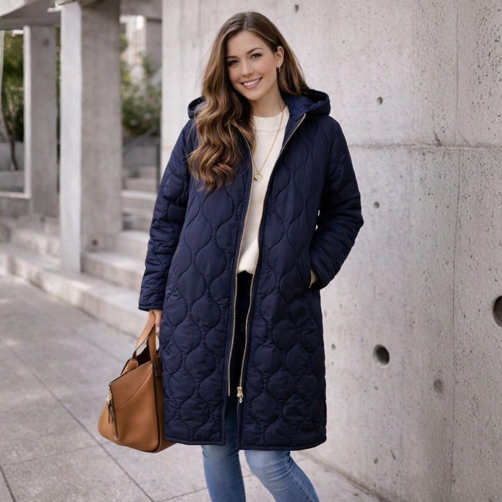 Groene capuchon donsjas voor dames - lange gewatteerde jas