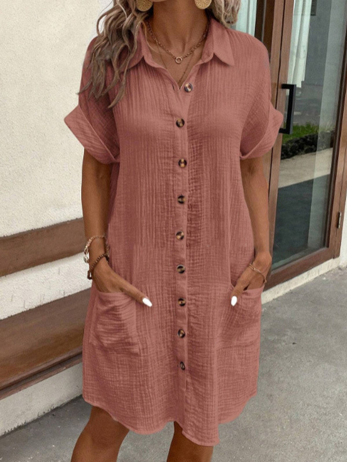 Carola | Dames katoenen knoopjurk – rustieke rosétint, casual en luchtig