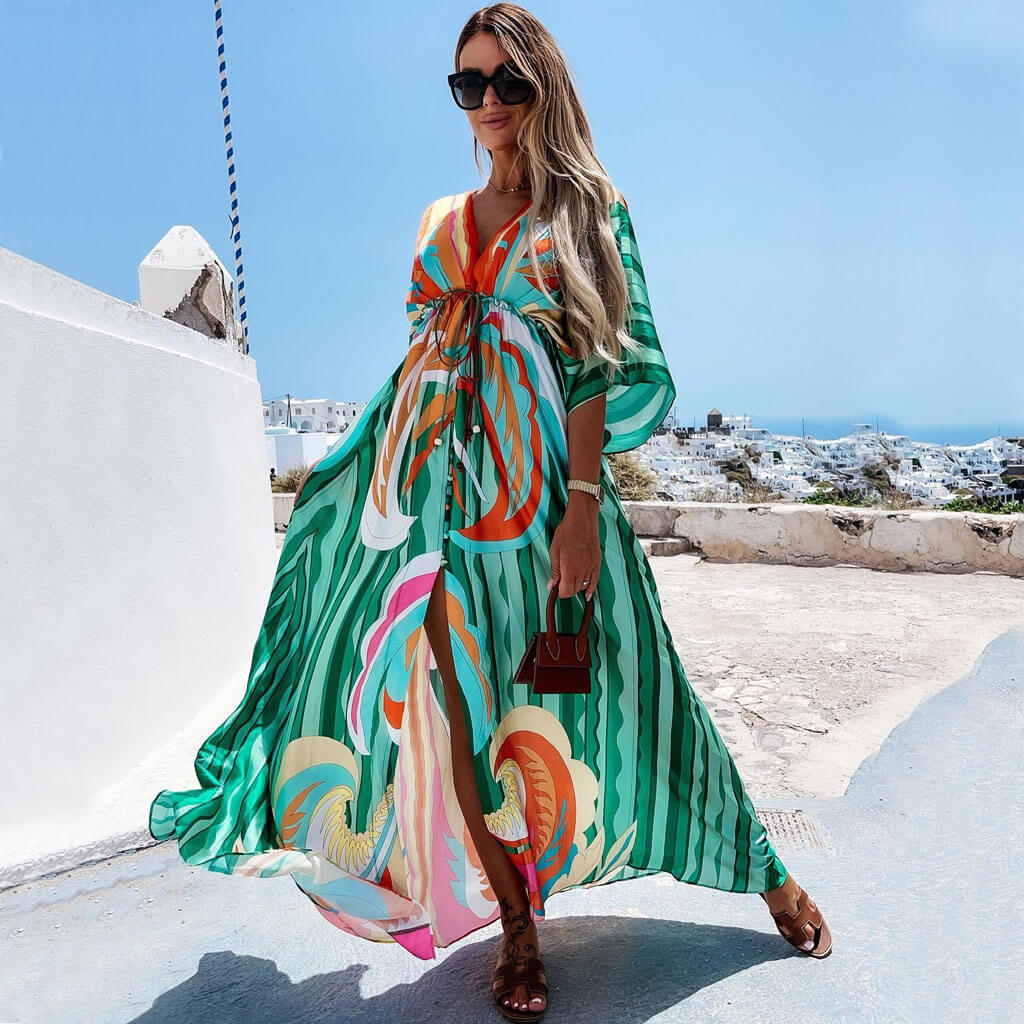 Hinke | Dames Maxi Jurk – Relaxed Fit – V-hals – Tailleband – Knoopsluiting – Abstracte Print