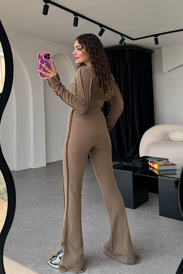 Knit set | Dames set met ribbelstructuur, cropped top en hoge taille broek
