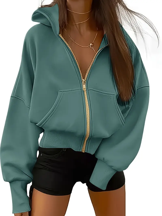 Adele - Scharlakenrode Cropped Katoenen Hoodie Met Rits