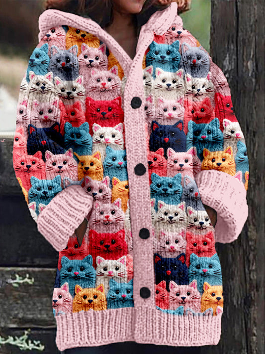 MM | Gebreide jas met knoopsluiting en speelse kattenprint