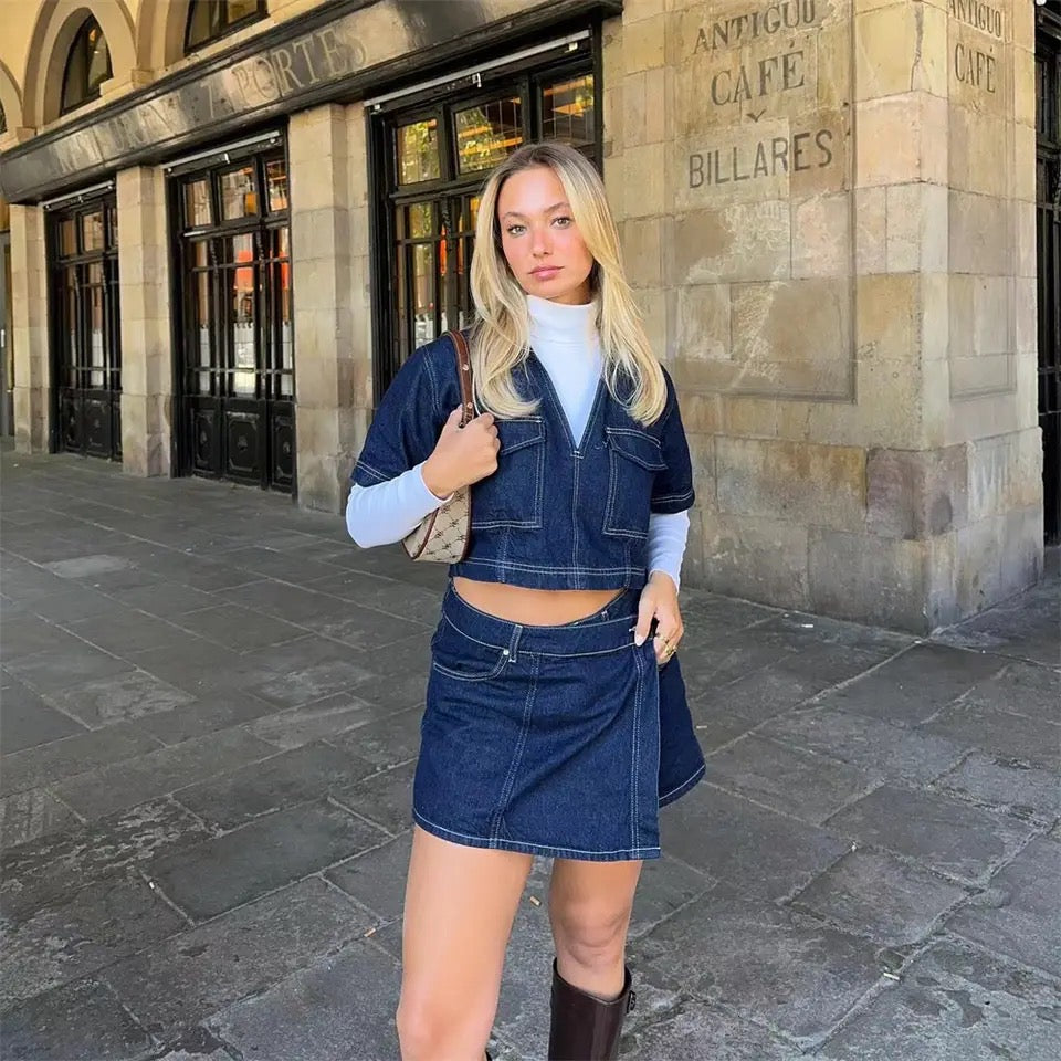 Ashley - Denim Set Damesoutfit met Top en Skort in Licht of Donker Denim