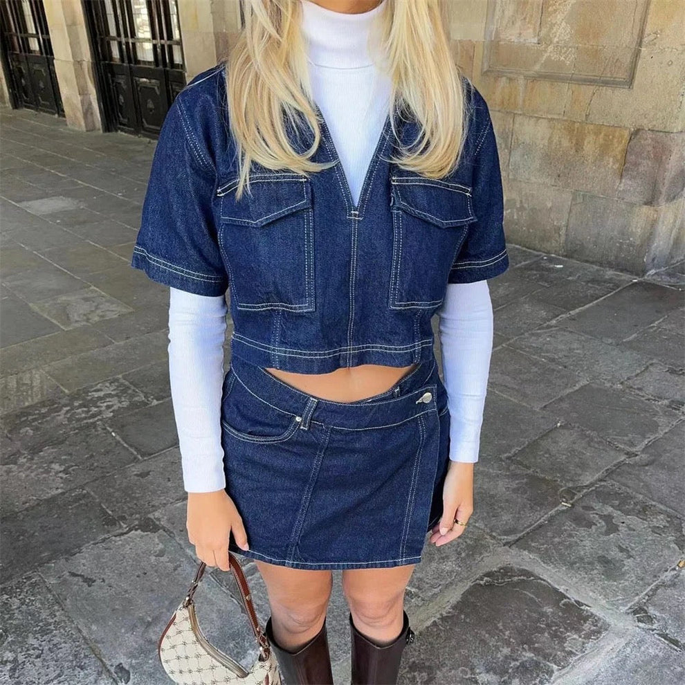 Ashley - Denim Set Damesoutfit met Top en Skort in Licht of Donker Denim
