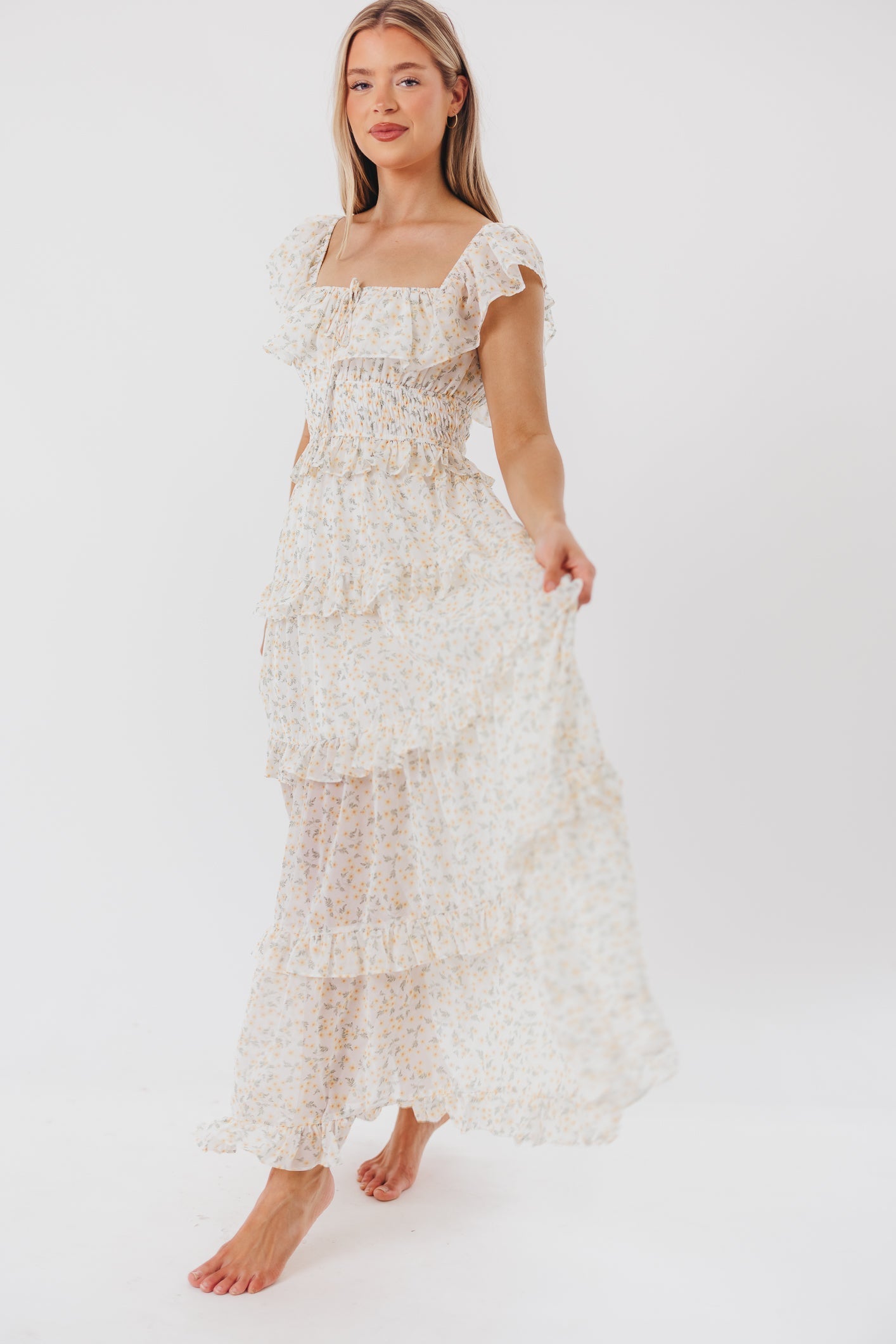 Azra - Maxi Jurk Met Ruches In Gele Bloemenprint