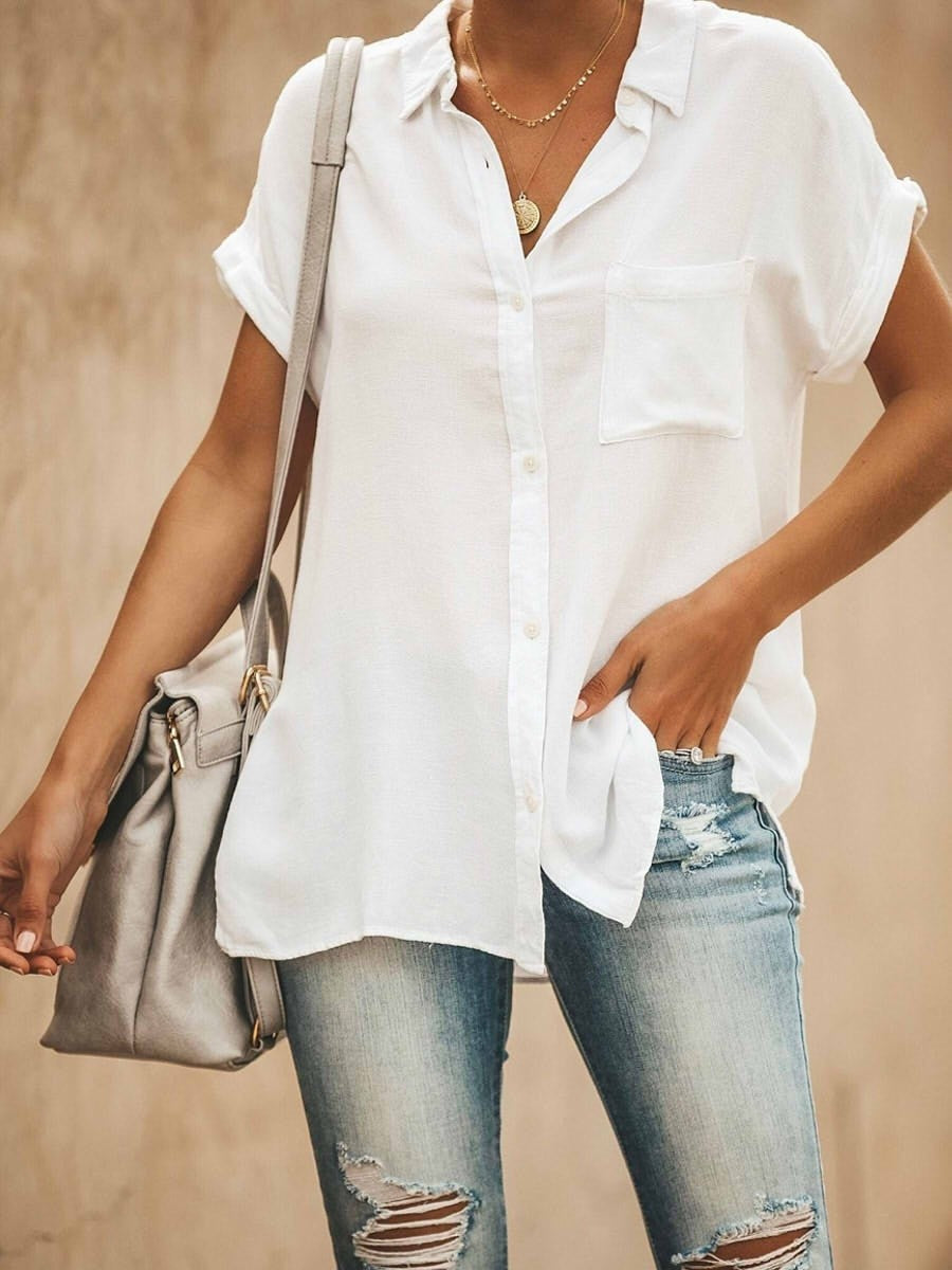 Hester | Dames Top – Relaxed Fit – Korte Mouwen – Kraag – Knoopsluiting – Ademend Textiel
