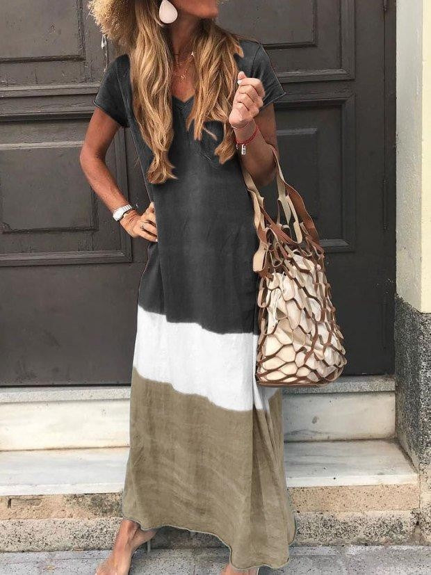 Hermien | Dames Maxi-Jurk – Relaxed Fit – V-Hals – Korte Mouwen – Ademend Patchworkontwerp