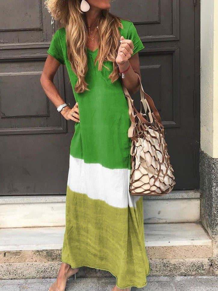 Hermien | Dames Maxi-Jurk – Relaxed Fit – V-Hals – Korte Mouwen – Ademend Patchworkontwerp