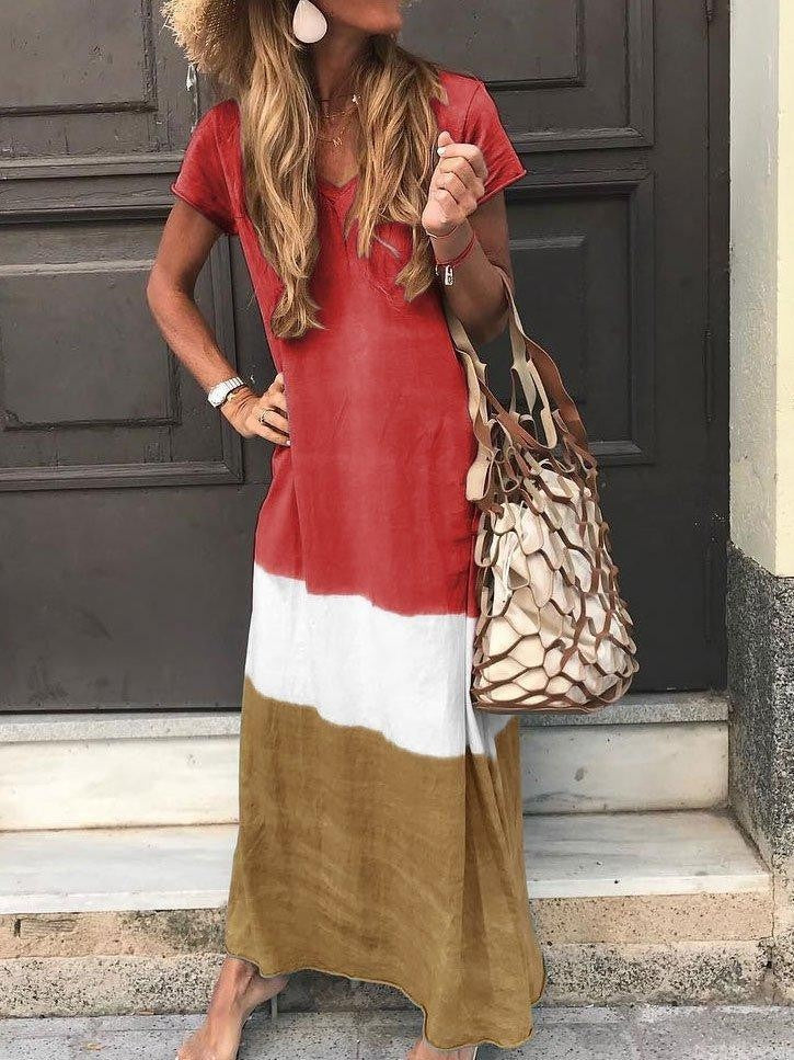 Hermien | Dames Maxi-Jurk – Relaxed Fit – V-Hals – Korte Mouwen – Ademend Patchworkontwerp