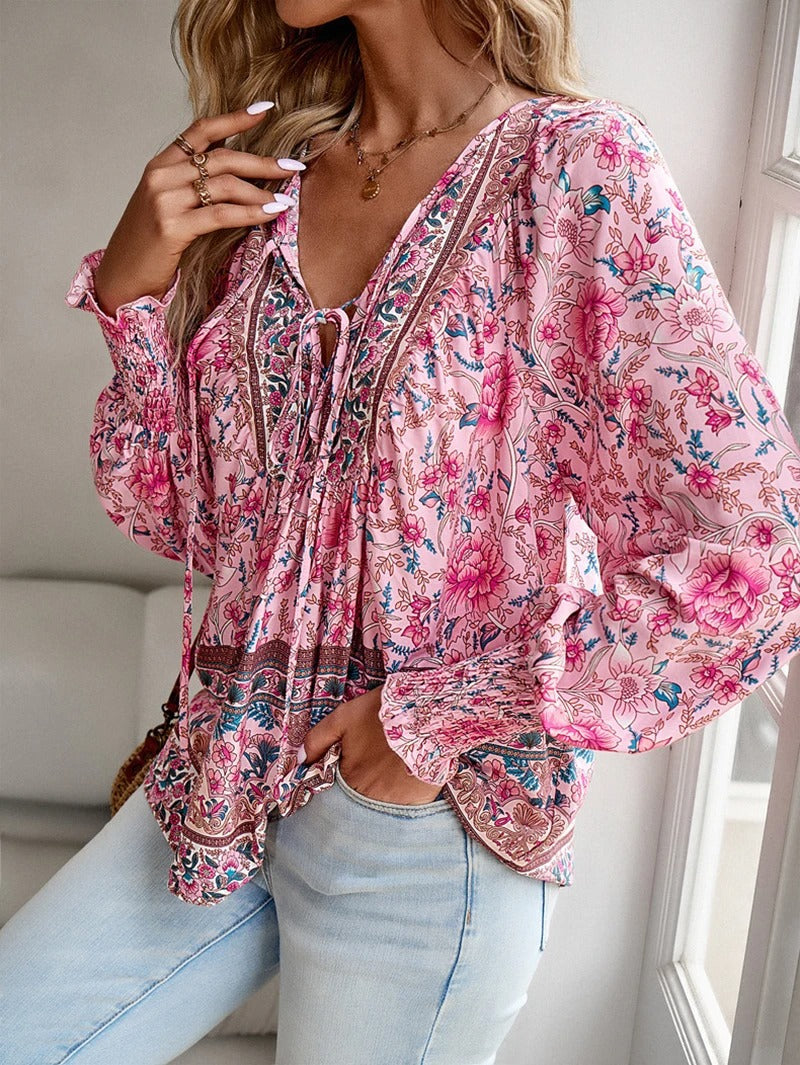 Dames blouse met bloemenprint en boho-stijl – luchtig katoen en verstelbare pasvorm voor zomerse casual outfits