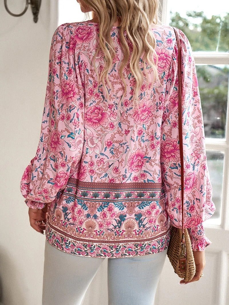 Dames blouse met bloemenprint en boho-stijl – luchtig katoen en verstelbare pasvorm voor zomerse casual outfits