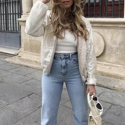 Beige bomber jas met pailletten voor dames