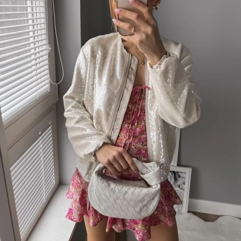 Beige bomber jas met pailletten voor dames
