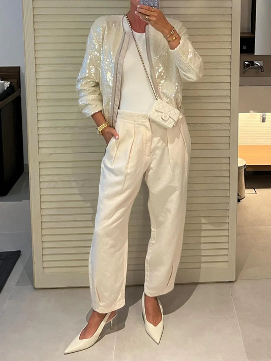 Beige bomber jas met pailletten voor dames