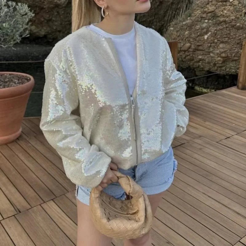 Beige bomber jas met pailletten voor dames