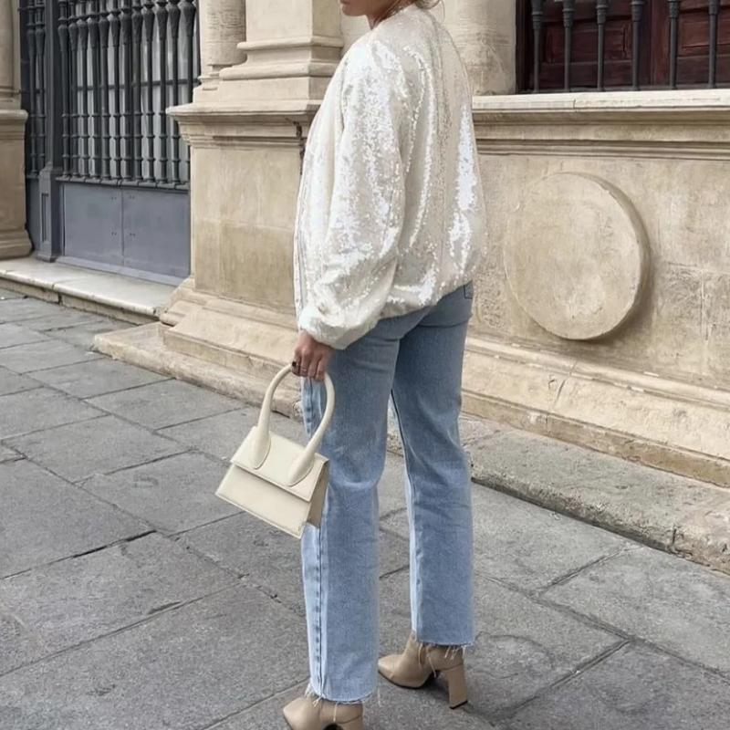 Beige bomber jas met pailletten voor dames