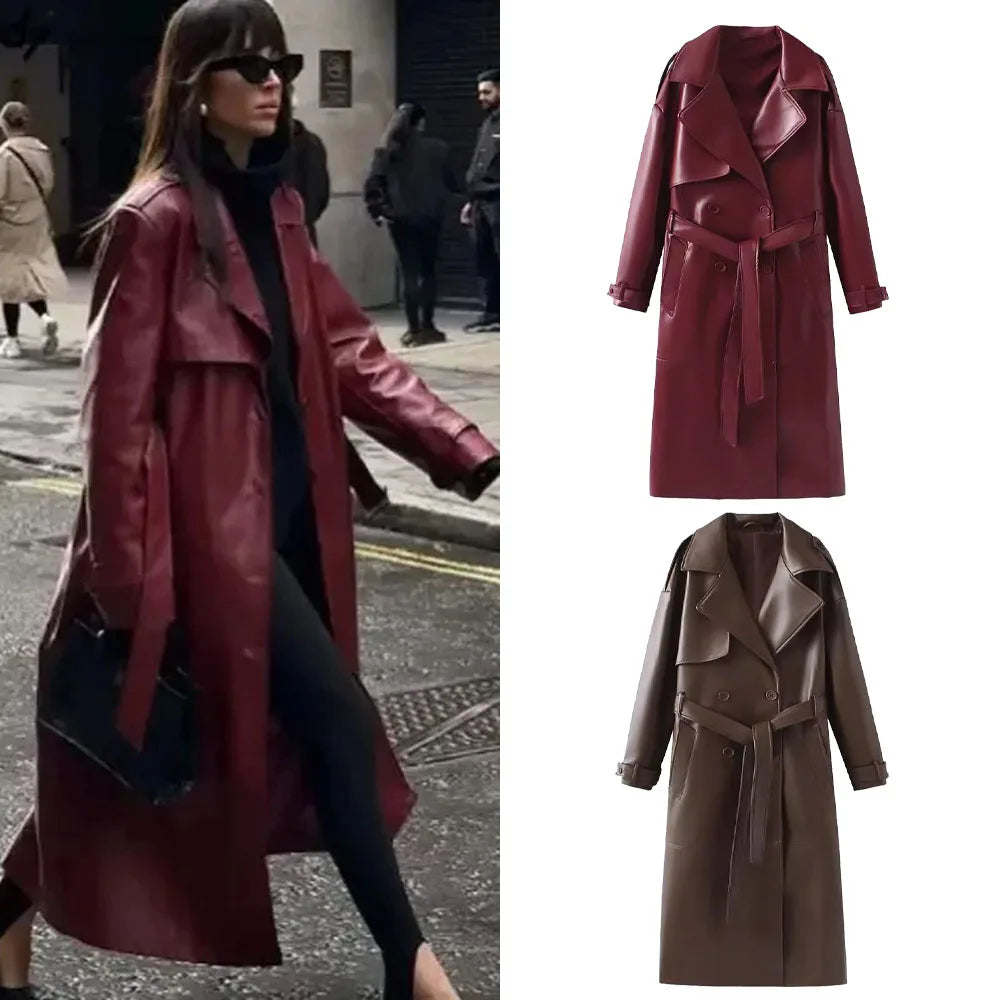 Dames Lange Jas – Bordeauxrode Faux Leather Coat met Retro Silhouet en Tailleceintuu
