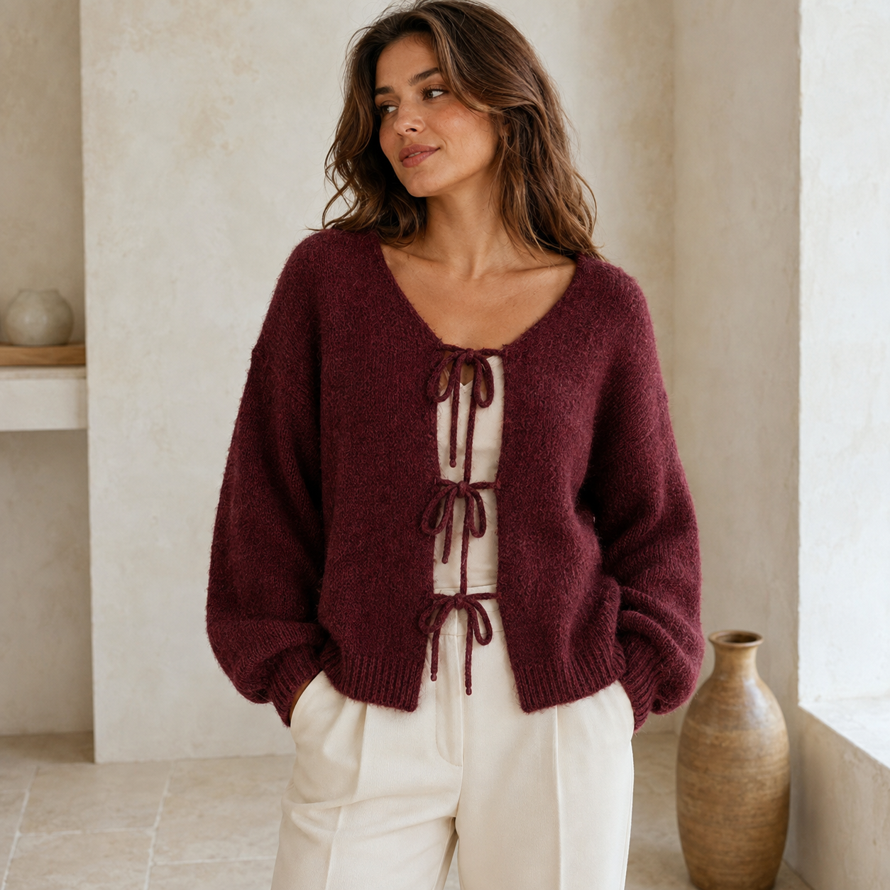 Donna Trui | Dames gebreide trui met strik en romantische lantern mouwen