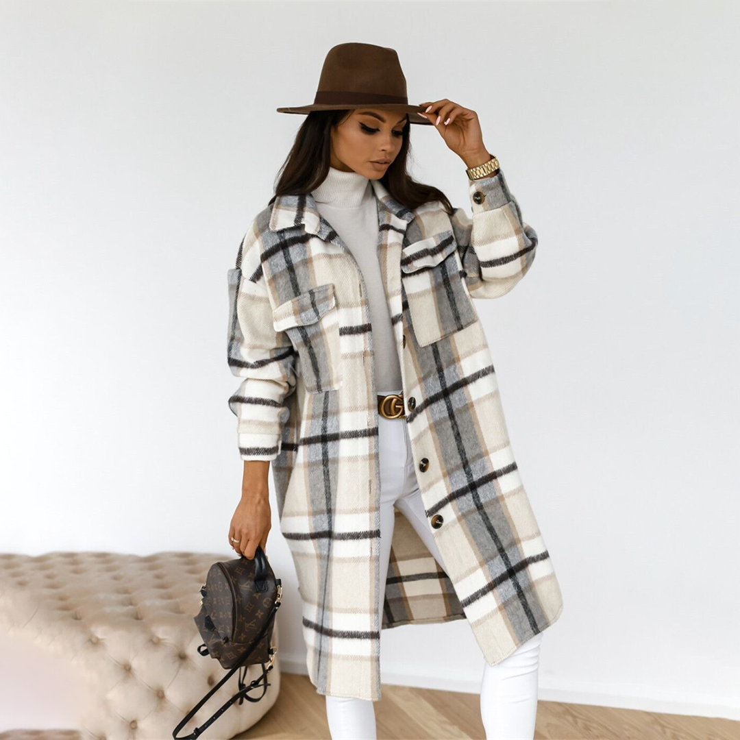 Candy | Dames lange jas met geruite print en elegante pasvorm