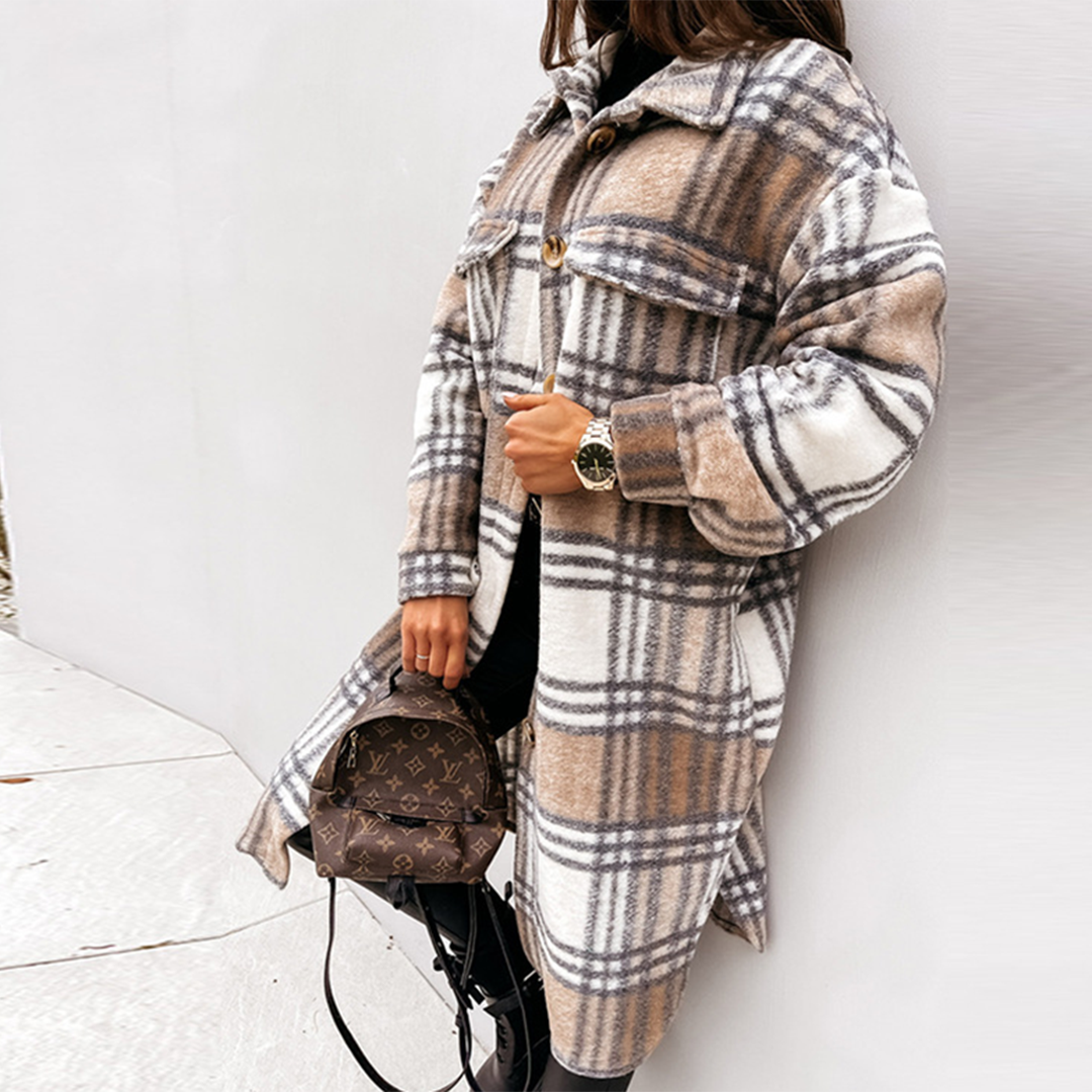 Candy | Dames lange jas met geruite print en elegante pasvorm