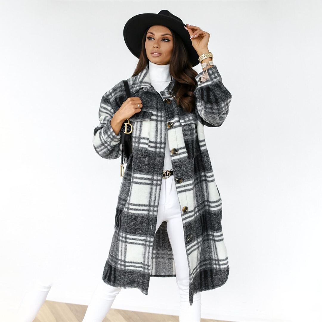 Candy | Dames lange jas met geruite print en elegante pasvorm