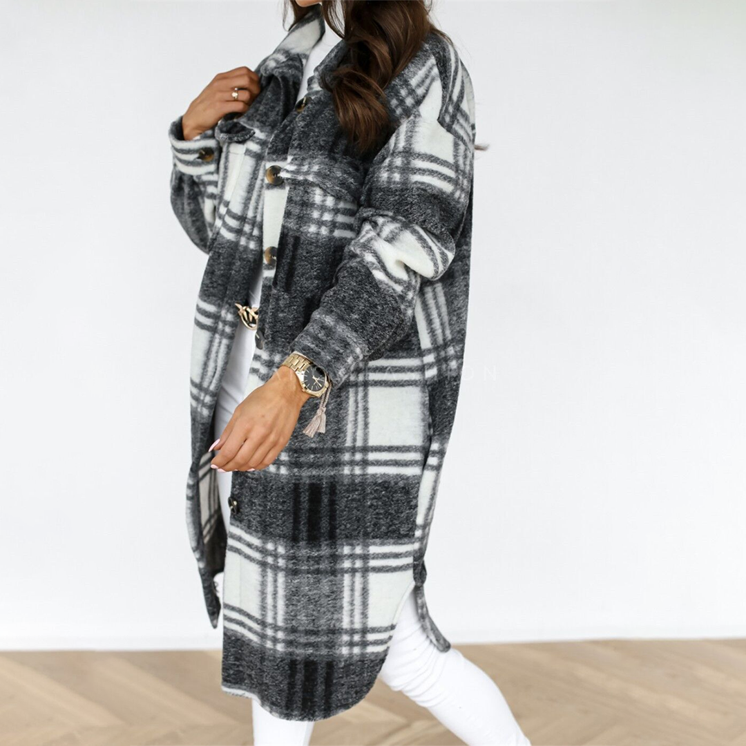 Candy | Dames lange jas met geruite print en elegante pasvorm